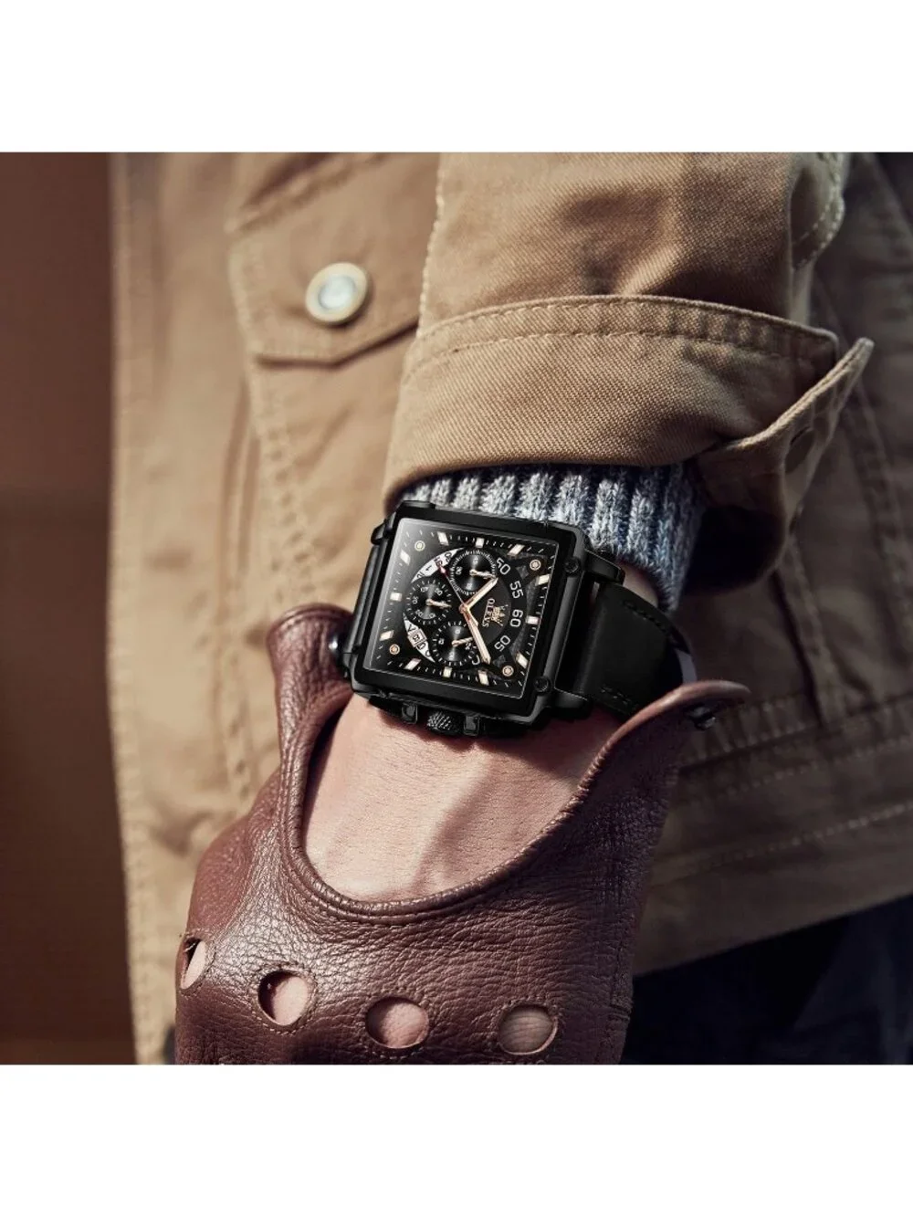 Men's Jet Black Leather Chronograph Watch Big Face Waterproof Luminous Watch